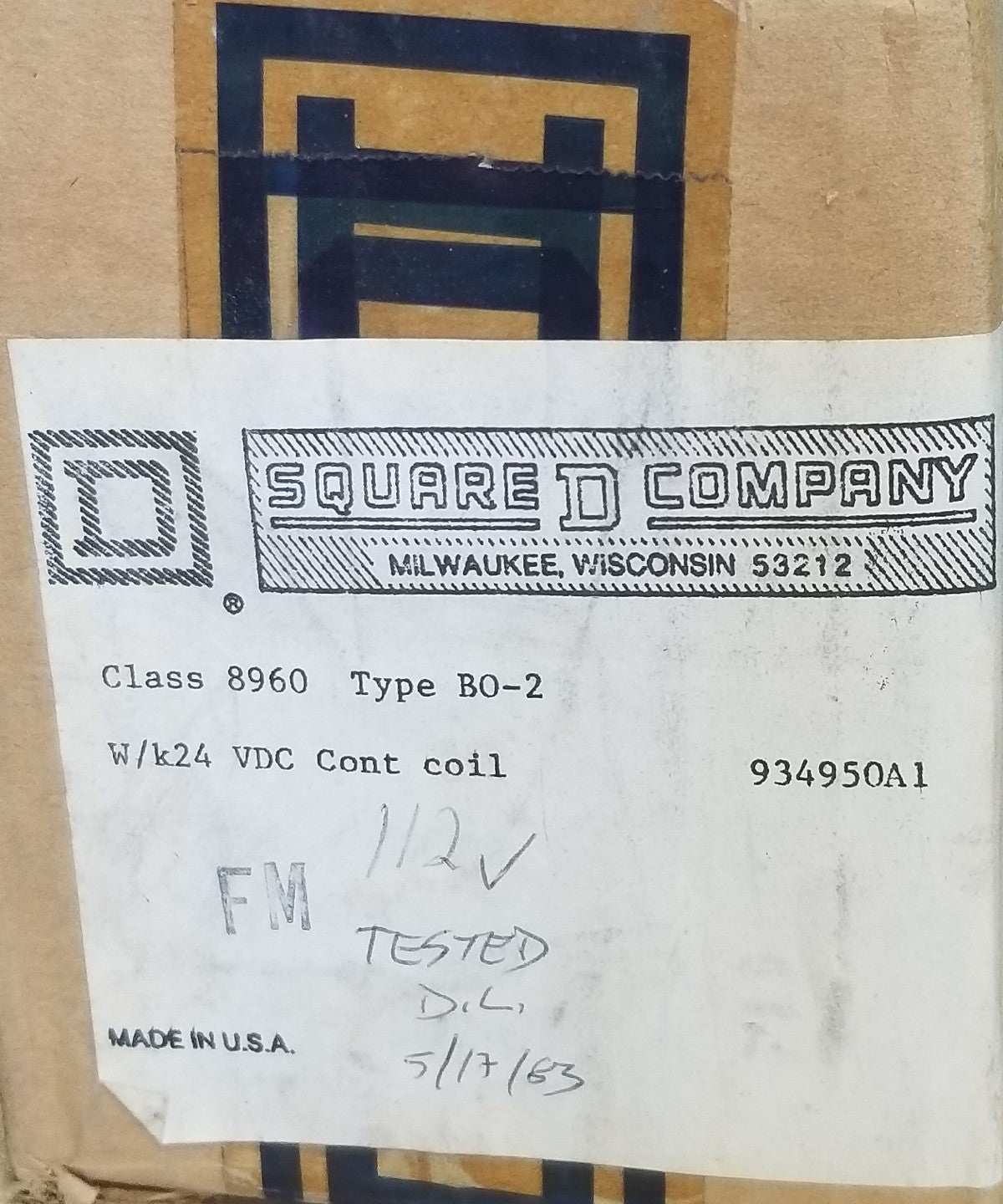 SQUARE D  CLASS 8960 TYPE B0-2, SER. A, 31029-653-60, 8960 B0-2, 112V, 124VDC 1