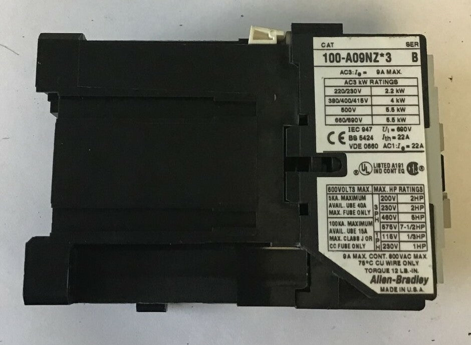 ALLEN BRADLEY 100-A09NZ*3 CONTACTOR SER.B 9A 600VAC ***LOTOF2***4