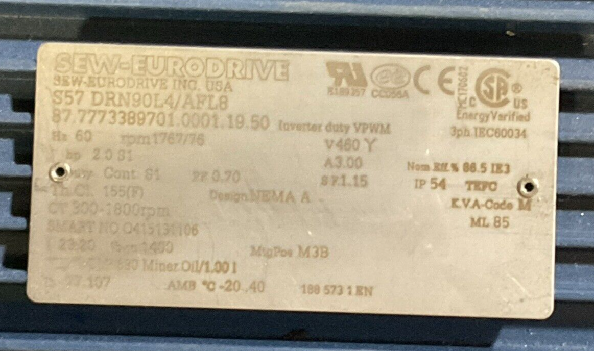 SEW-EURODRIVE S57 DRN90L4/AFL8 GEAR MOTOR HZ 60 rpm 1767/76 V460 Y1