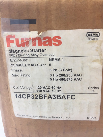 FURNAS 14CP32BFA3BAFC MAGNETIC STARTER W/ MELTING ALLOY OVERLOAD COIL 120VAC 60H1
