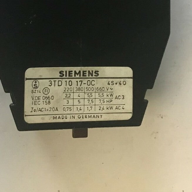 SIEMENS 3TD-1017-0C CONTACTOR 4S 4O 20A 3