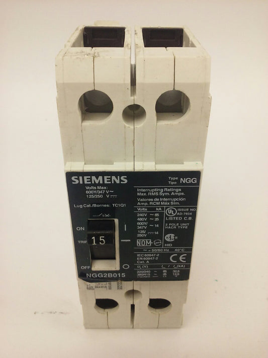 SIEMENS, NGG2B015, TYPE NGG CIRCUIT BREAKER, 2P, 15A, 600VAC/250VDC, 65KA, USED0