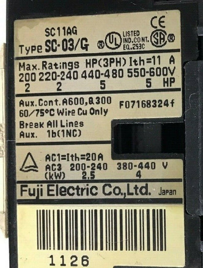 Fuji Electric Contactor SC-03/G SC11AG  200-600V 2-5HP 3 Phase 11AMP 24VDC5