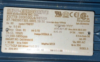 SEW-EURODRIVE KH77B DRN100L4/BE5HR GEARMOTOR rpm 1758/57 V230/460 YY/Y HZ 601