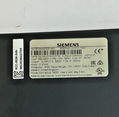 SIEMENS 6SE6440-2UD13-7AA1 FREQUENCY INVERTER MICRMASTER 440 VER. H01/2.212