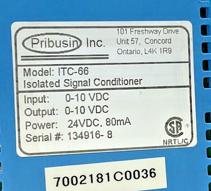 PRIBUSIN ITC-66 ISOLATED SIGNAL CONDITIONER 24VDC 80MA6