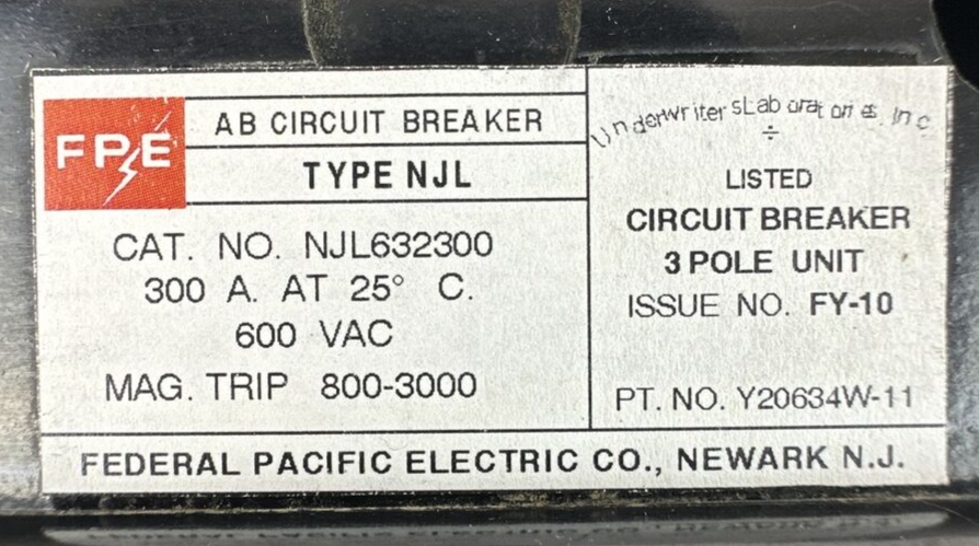 FPE NJL632300 CIRCUIT BREAKER 600VAC 300AMP 3POLE1