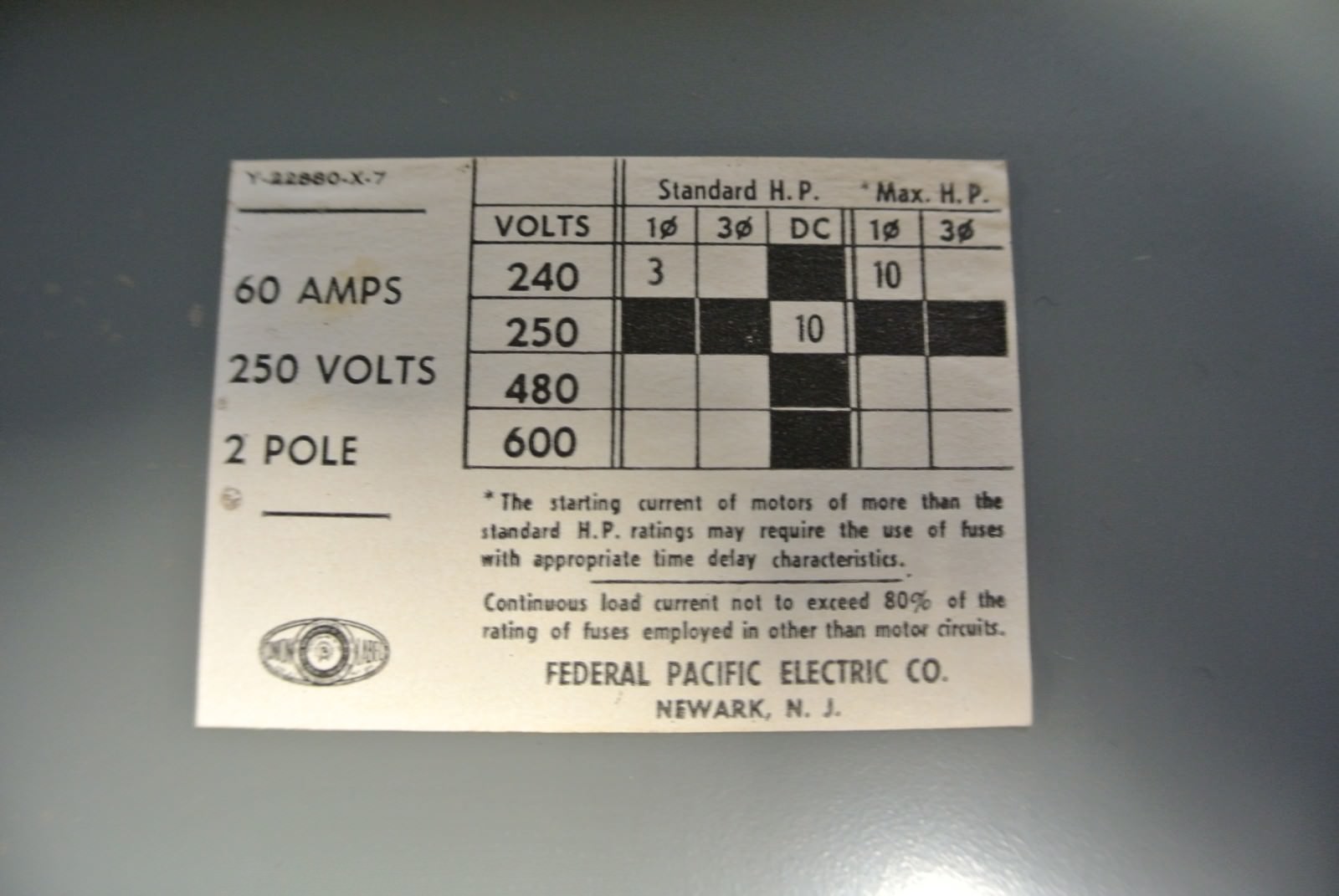 FEDERAL PACIFIC QMQB-6022  TWIN PANELBOARD SWITCH - 240VAC, 60A, 2-POLE, 3HP4