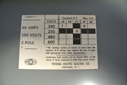 FEDERAL PACIFIC QMQB-6022  TWIN PANELBOARD SWITCH - 240VAC, 60A, 2-POLE, 3HP4