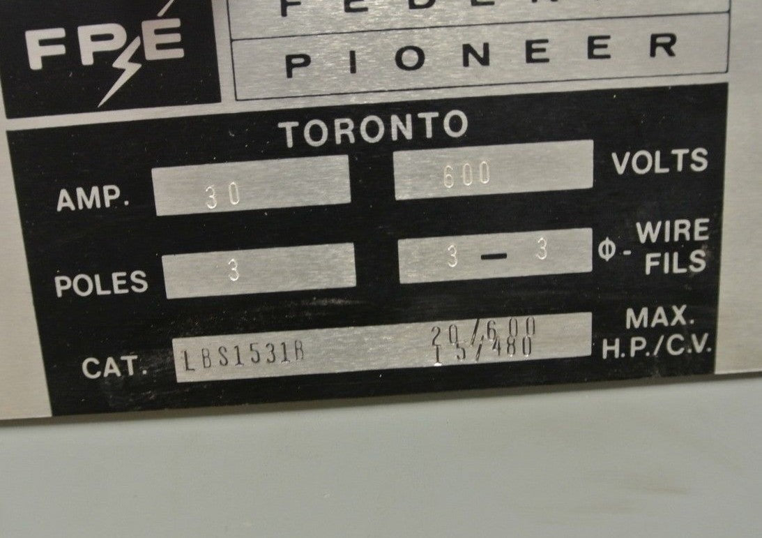 FPE / FEDERAL PIONEER ELECTRIC LBS1531A - BUS PLUG / SWITCH 600V, 30A,3P, 3W1