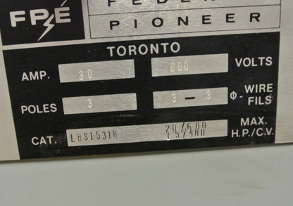 FPE / FEDERAL PIONEER ELECTRIC LBS1531A - BUS PLUG / SWITCH 600V, 30A,3P, 3W1