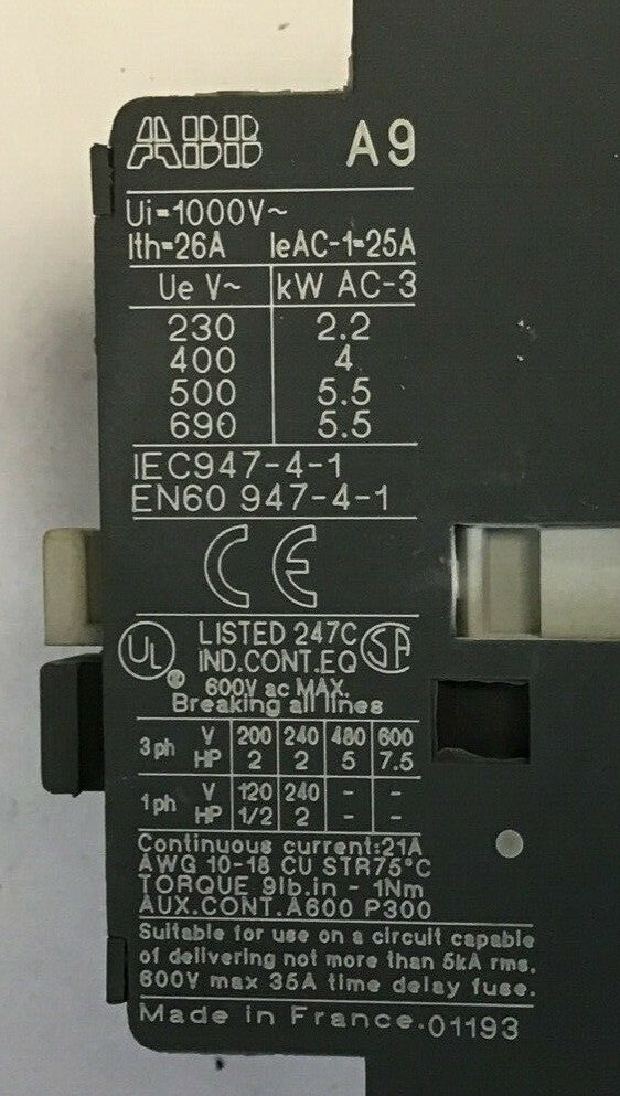 ABB A9-30-01 CONTACTOR 26A 1000VAC 7.5HP ***LOTOF5***8