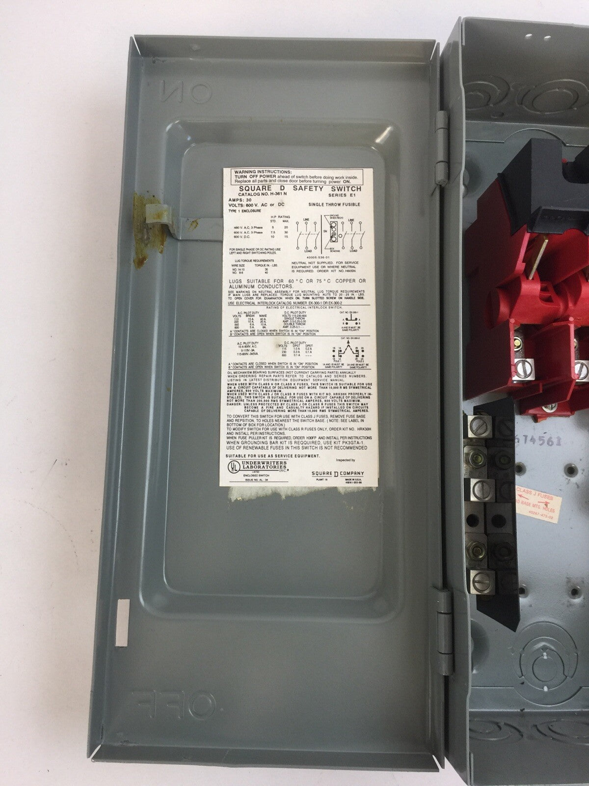 SQUARE D H-361 N NON FUSIBLE SAFETY SWITCH SER E1 600V 30A 30HP 3 POLE TYPE 17