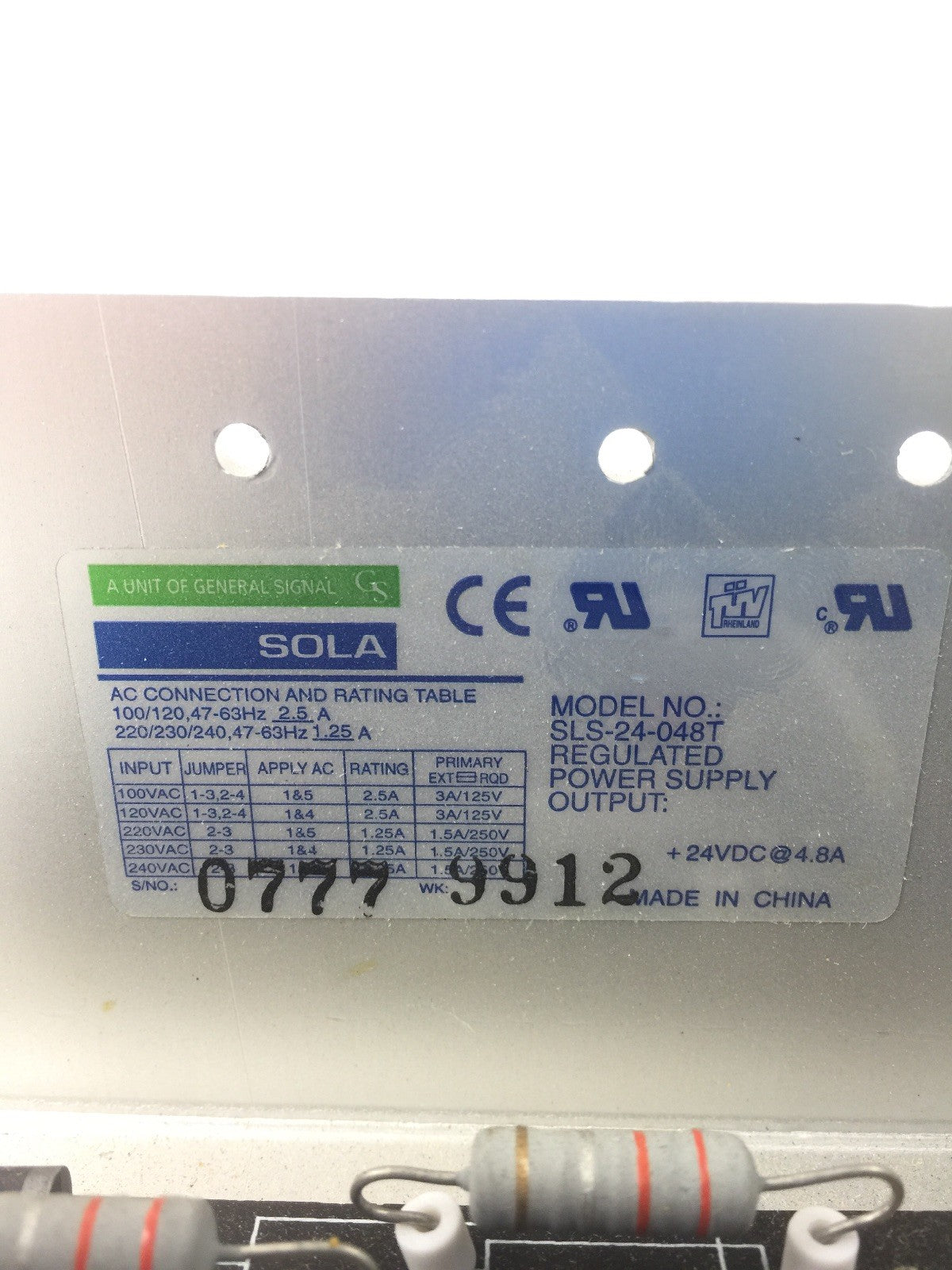SOLA SLS-24-048T REGULATED POWER SUPPLY 240VAC 63HZ OUTPUT 24VDC2