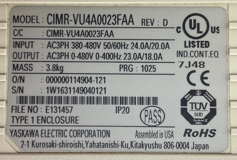 YASKAWA CIMR-VU4A0023FAA REV D V1000 AC DRIVE OUTPUT AC3PH 0-480V 23.0A/18.0A1