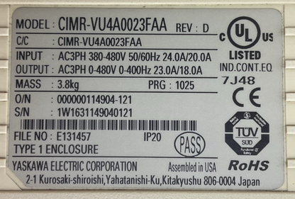 YASKAWA CIMR-VU4A0023FAA REV D V1000 AC DRIVE OUTPUT AC3PH 0-480V 23.0A/18.0A1