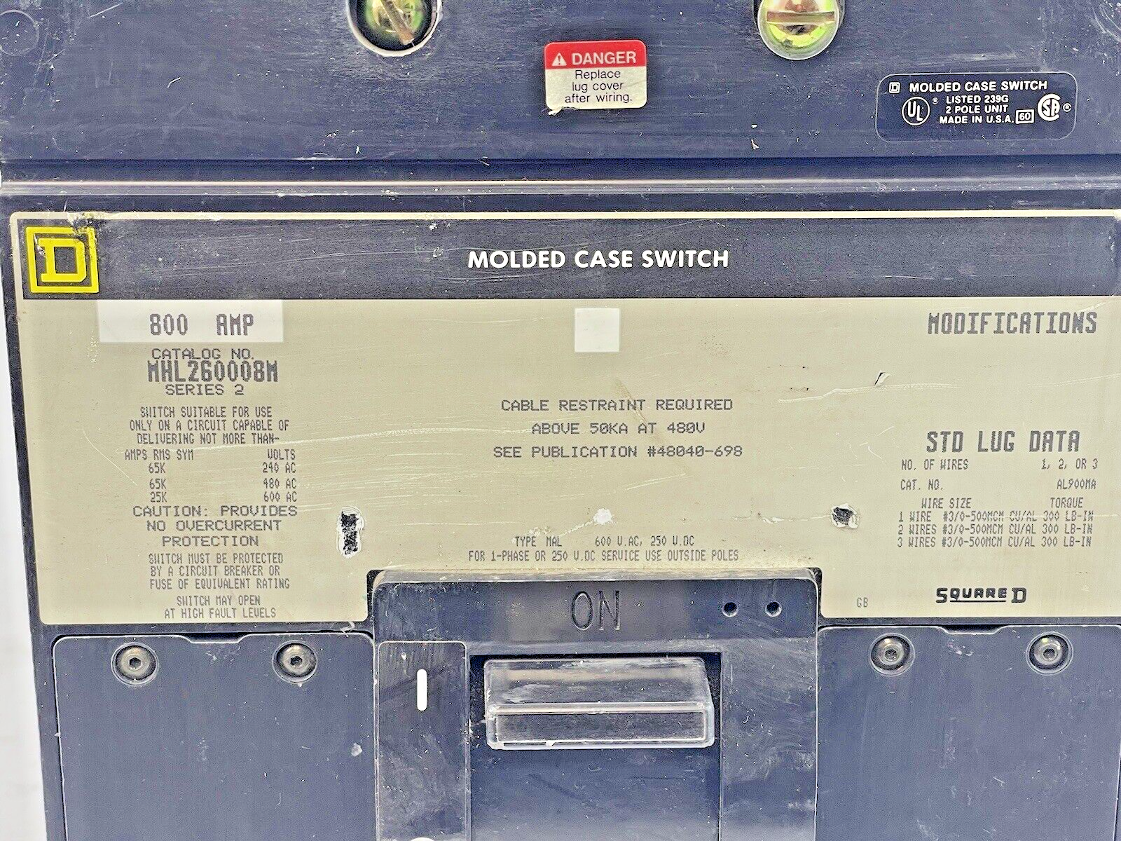 SQUARE D - MHL260008M SERIES 2 - CIRCUIT BREAKER - 800 A, 480 VAC, 3 POLE2