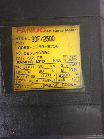 FANUC 30F/2500 A06B-0358-B756 AC SERVO MOTOR 150V 30A 3 PHASE 8 POLES 2500 RPM1