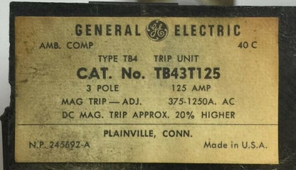 GE TB43T125 TRIP UNIT 125AMP 3POLE MAG TRIP ADJ 375-1250A1