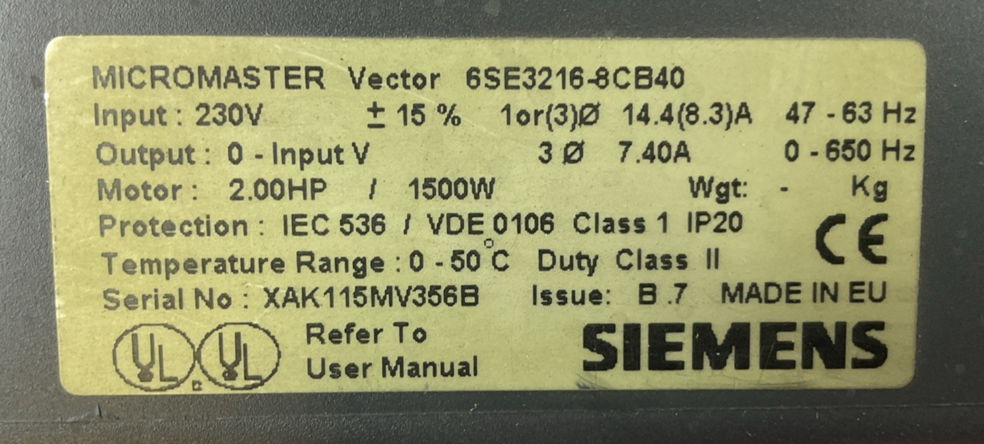 SIEMENS 6SE3216-8CB40 MICROMASTER VECTOR AC DRIVE 2.0HP 1500W 230VAC 7.40A1
