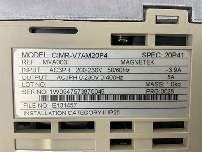 YASKAWA CIMR-V7AM20P4 AC DRIVE OUTPUT 3PH 0-230VAC 0-400HZ 3A INPUT 200-230VAC1
