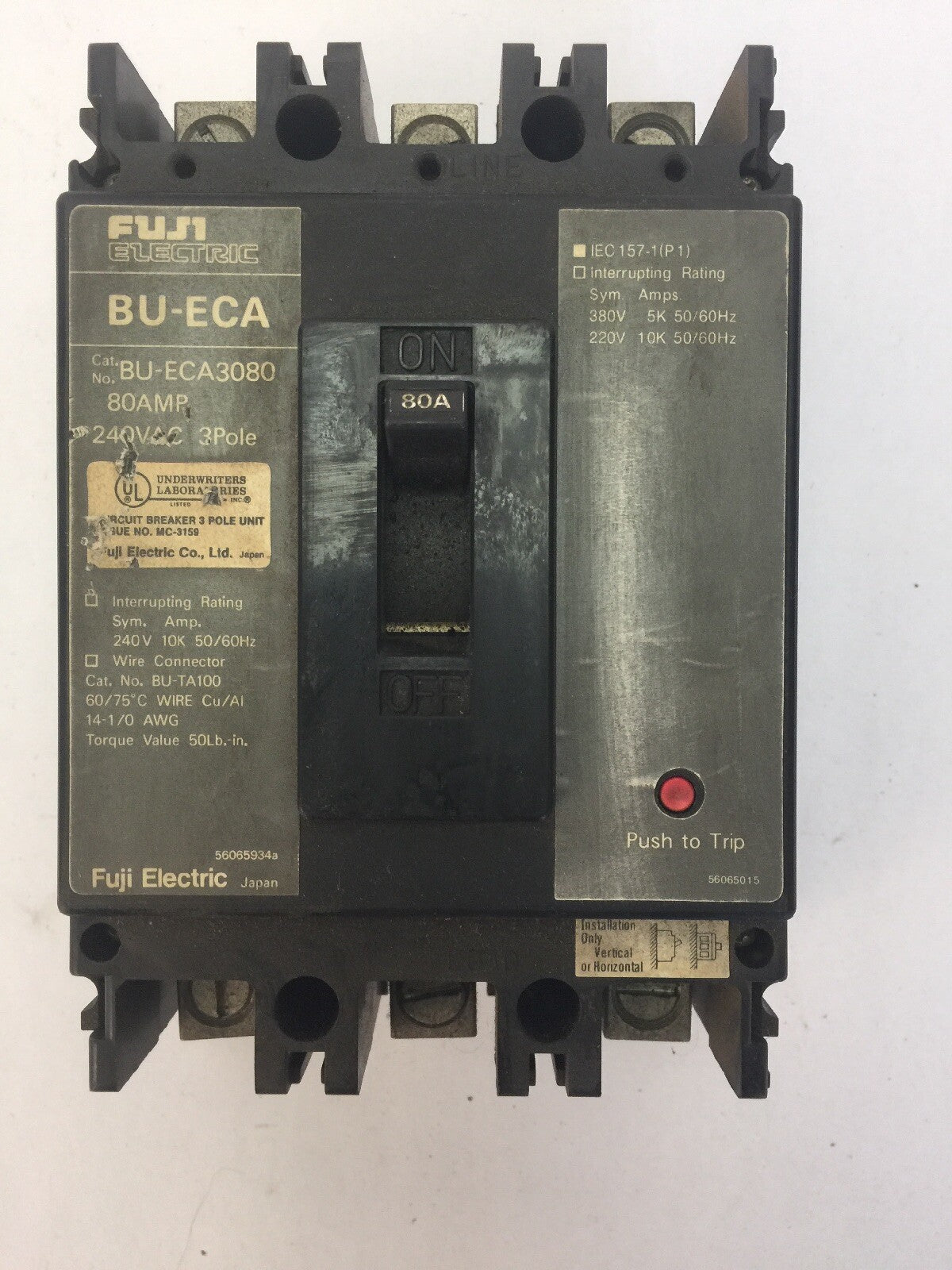 FUJI BU-ECA3080 CIRCUIT BREAKER 80AMP 240VAC 3 POLE BU-ECA0