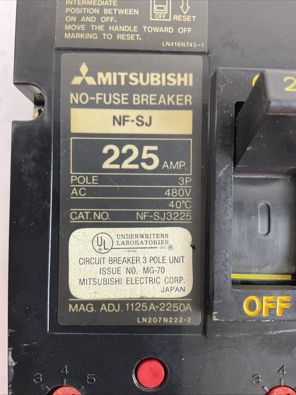 MITSUBISHI NF-SJ3225 NO-FUSE BREAKER 480VAC 225AMP 3POLE1
