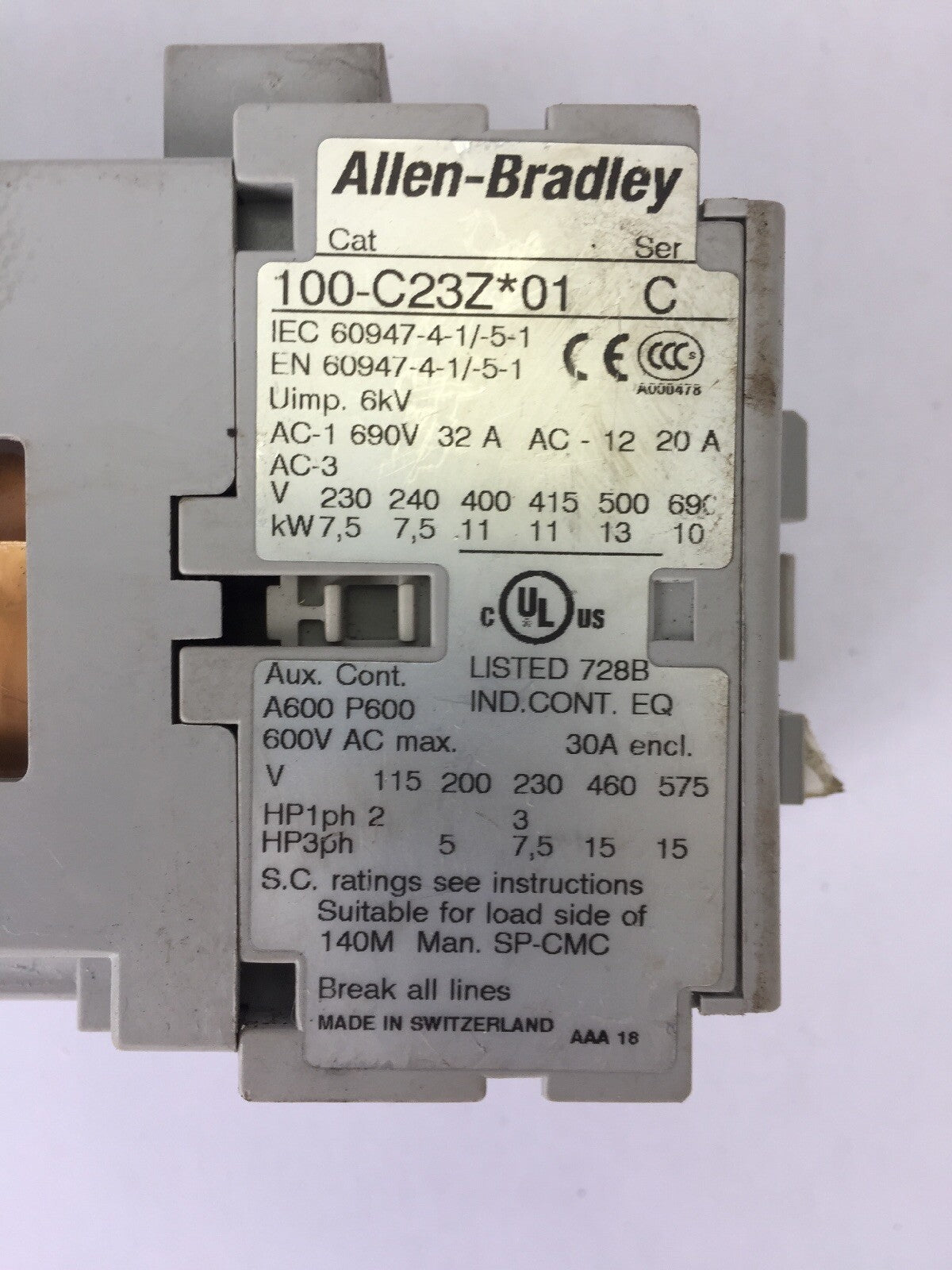 ALLEN BRADLEY 100-C23Z*01 CONTACTOR 600VAC 15HP 30A COIL 24VDC1