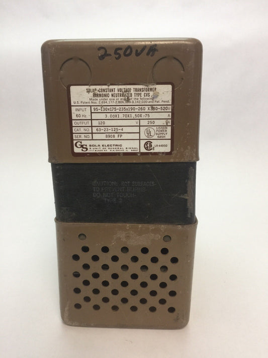 SOLA 63-23-125-4 CONSTANT VOLTAGE TRANSFORMER HARMONIC MEUTRALIZED TYPE CVS 0