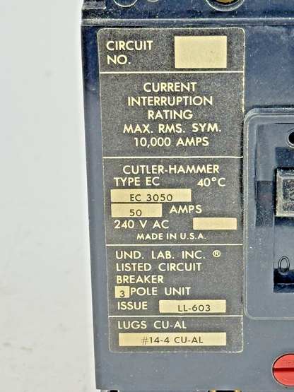 CUTLER-HAMMER - EC3050 - CIRCUIT BREAKER - 50 A, 240 VAC, 3 POLE - NEW OLD STOCK3