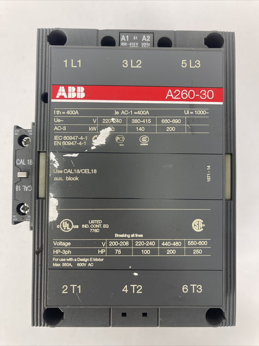 ABB A260-30 CONTACTOR 600VAC 250HP 3PH 350A COIL 400-415V 50HZ 480V 60HZ0
