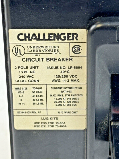 CHALLENGER / FPE - NE224020 - MOLDED CIRCUIT BREAKER - 2 POLE, 240 VAC, 20 A-NEW3