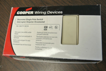 BOX of 10 / COOPER 7501V DECORATOR SINGLE POLE SWITCH / IVORY / 15A / 120/277VAC3