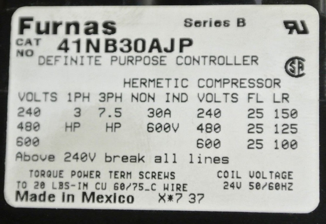 FURNAS 41NB30AJP DEFINITE PURPOSE CONTACTOR 24VAC, 30A, 3-POLE - NEW SURPLUS1