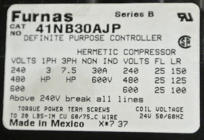 FURNAS 41NB30AJP DEFINITE PURPOSE CONTACTOR 24VAC, 30A, 3-POLE - NEW SURPLUS1