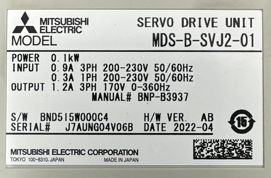 MITSUBISHI MDS-B-SVJ2-01 SERVO DRIVE UNIT OUTPUT 1.2A 3PH 170V INPUT 200-230V1