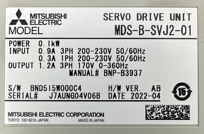 MITSUBISHI MDS-B-SVJ2-01 SERVO DRIVE UNIT OUTPUT 1.2A 3PH 170V INPUT 200-230V1