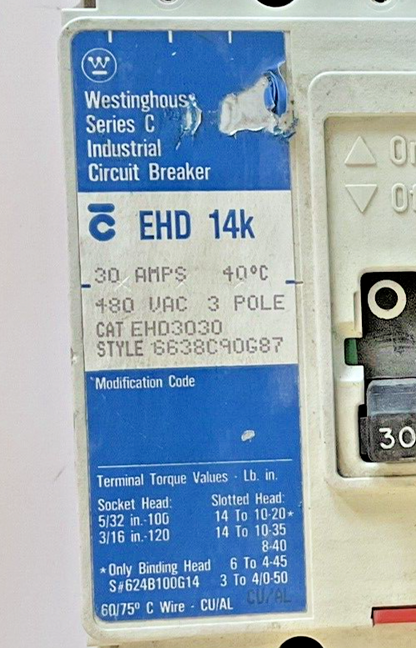 WESTINGHOUSE EHD3030 CIRCUIT BREAKER EHD 14K 3POLE 30A 480VAC SER.C1
