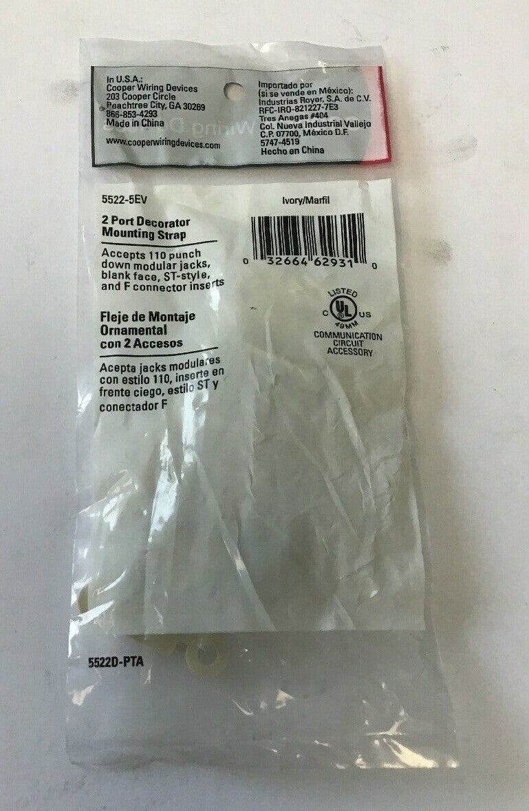 COOPER WIRING DEVICES 5522-5EV IVORY 2 PORT DECORATOR MOUNTING STRAP***LOTOF9***1