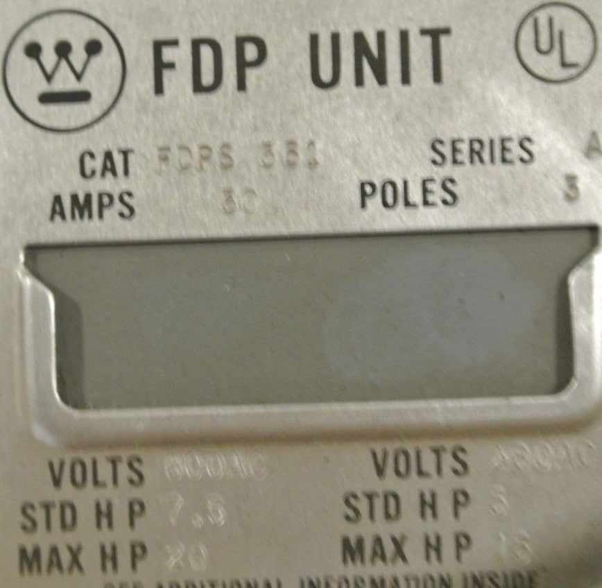 WESTINGHOUSE FDPS361 FUSIBLE PANEL MOUNT SWITCH - 600V, 30A, 3-POLE5