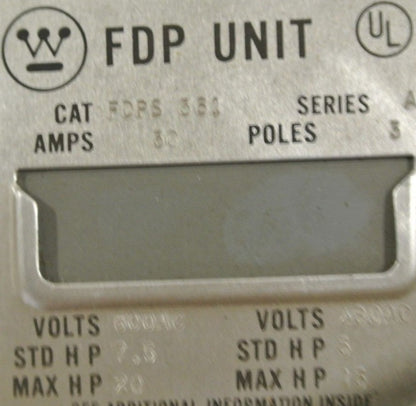 WESTINGHOUSE FDPS361 FUSIBLE PANEL MOUNT SWITCH - 600V, 30A, 3-POLE5