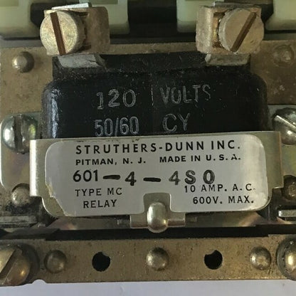 STRUTHERS-DUNN 601-4-4S0 TYPE MC RELAY 120V 50-60CY 10A 600VAC3