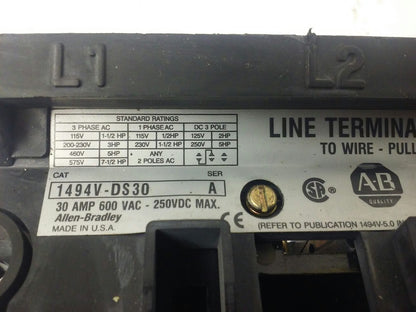 ALLEN BRADLEY 1494V-DS30 SER. A, FUSIBLE SWITCH, 3PH, 3P, 30A, 600V,1494V-FSR6331