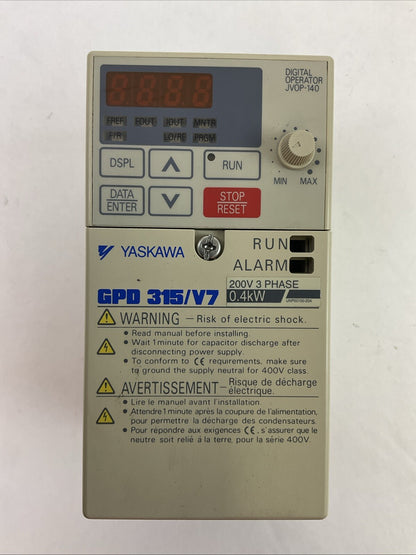 YASKAWA CIMR-V7AM20P2 AC DRIVE OUTPUT 3PH 0-230VAC 0-400HZ 1.6A INPUT 200-230VAC0