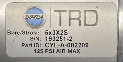 TRD BIMBA CYL-A-002209 PNEUMATIC CYLINDER BORE/STROKE: 5x3X2S 125PSI AIR MAX1