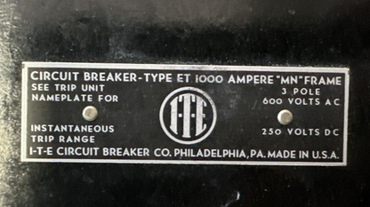 ITE ET9395 1000AMP CIRCUIT BREAKER FRAME 3P 600VAC 250VDC WITH 600AMP TRIP UNIT1