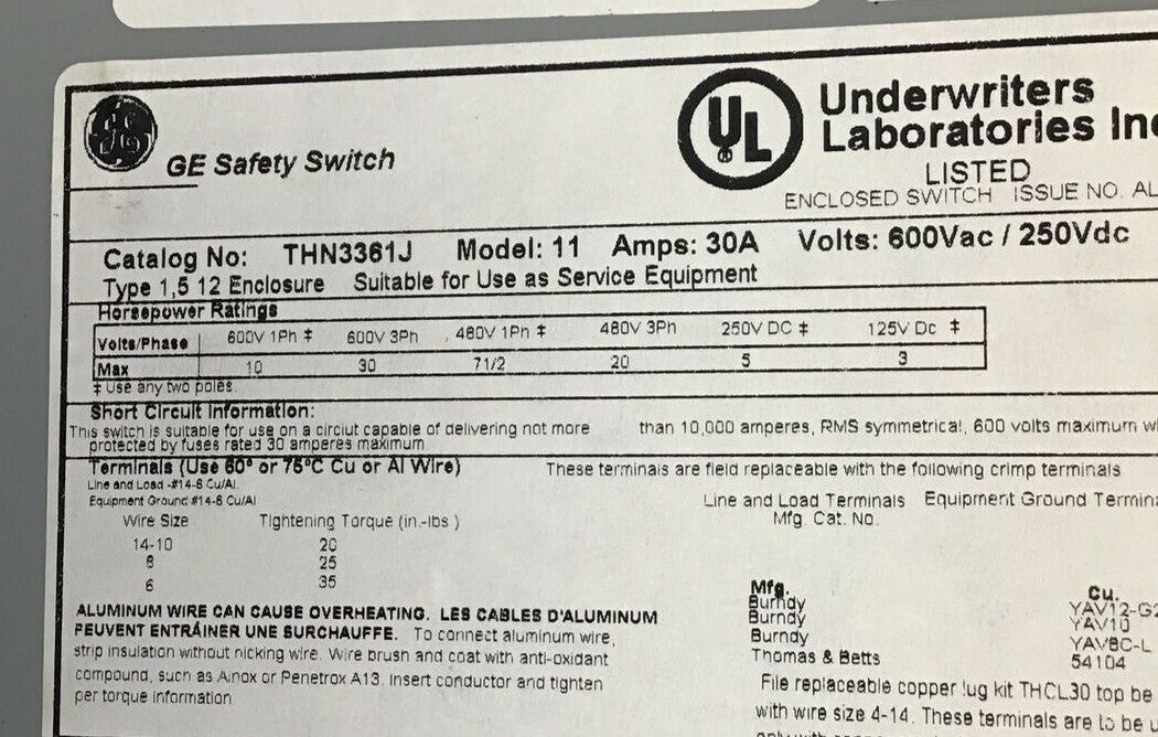 GENERAL ELECTRIC THN3361J SAFTEY SWITCH NON FUSIBLE 30A MODEL 11 600VAC/250VDC8