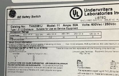 GENERAL ELECTRIC THN3361J SAFTEY SWITCH NON FUSIBLE 30A MODEL 11 600VAC/250VDC8