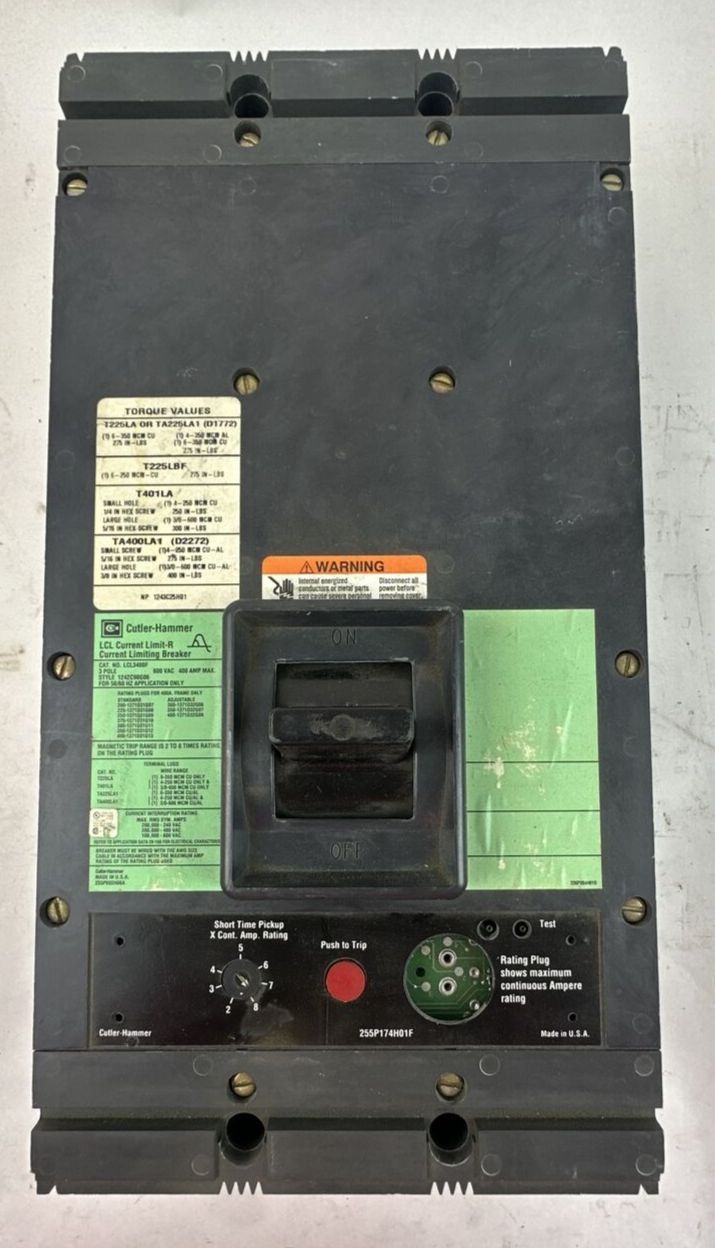 CUTLER HAMMER LCL3400F CURRENT LIMITING BREAKER 3P 600VAC 400A NO TRIP PLUG0