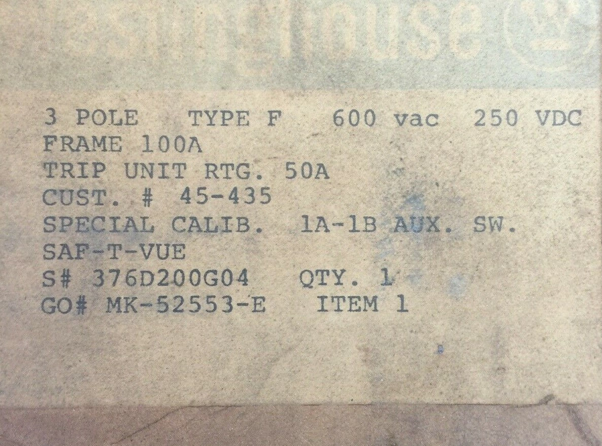 WESTINGHOUSE F3050S SAFTVUE DE-ION CIRCUIT BREAKER 50A 600VAC 250VDC 376D200G04 1